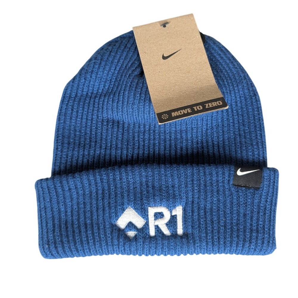 Nike Terra Beanie Blue Ribbed Knit R1 Logo Golf Hat Move To Zero CW6324-400
